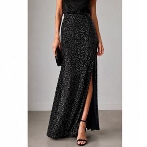 VTG Sean Collection  Beaded Maxi Skirt Black Bugle Bead Side Slits Formal Sz XS